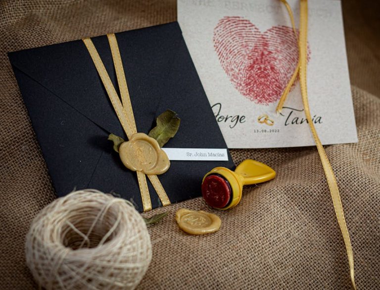 Sello de lacre dorado sobre invitación de boda elegante