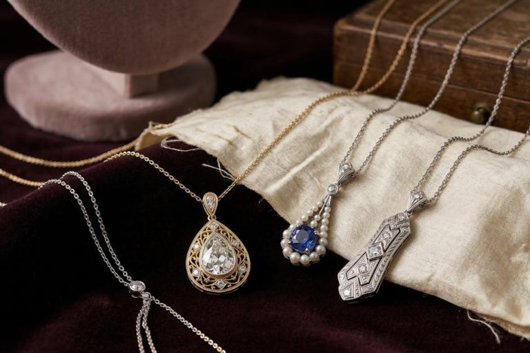 Colección de collares vintage con perlas, chokers y cadenas doradas sobre terciopelo