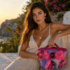 Bolso artesanal lila romántico hecho a mano con lazo rosa, flores y perlas Bolso artesanal lila romántico hecho a mano con lazo rosa, flores y perlas