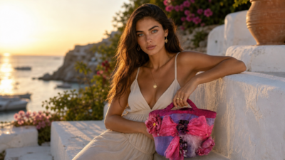 Bolso artesanal lila romántico hecho a mano con lazo rosa, flores y perlas