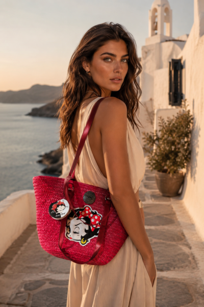 Capazo de rafia rojo con aplicación de Betty Boop y asas, bolso de verano