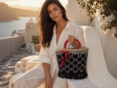 Bolso capazo de tejido con monograma negro y blanco, lazo rojo y flecos
