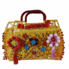 Bolso cesta amarillo con pompones rojos y flores de ganchillo de colores, estilo boho Bolso cesta amarillo con pompones rojos y flores de ganchillo de colores, estilo boho