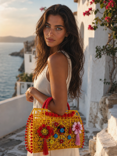 Bolso cesta amarillo con pompones rojos y flores de ganchillo de colores, estilo boho