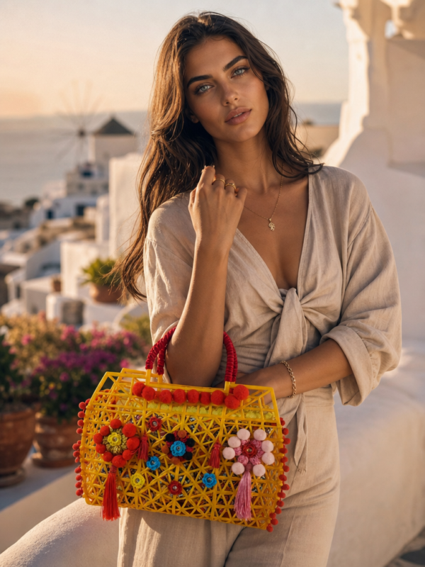 Bolso cesta amarillo con pompones rojos y flores de ganchillo de colores, estilo boho Bolso cesta amarillo con pompones rojos y flores de ganchillo de colores, estilo boho