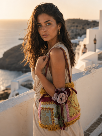 Bolso saco patchwork de telas damascadas en oro, rosa y burdeos con flor, estilo barroco vintage