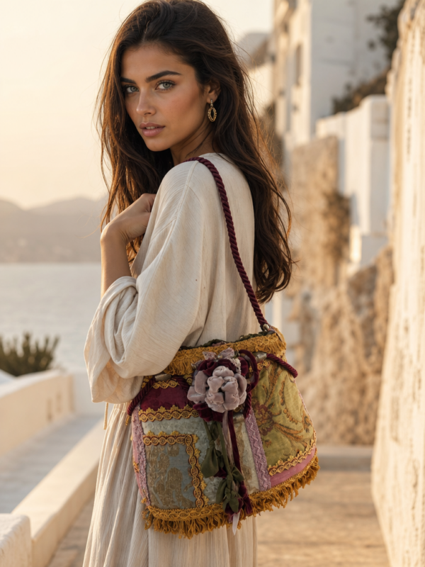 Bolso saco patchwork de telas damascadas en oro, rosa y burdeos con flor, estilo barroco vintage