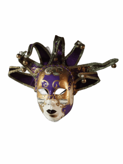 Máscara veneciana original Arlequín de Rialto en azul, morado y oro, Carnaval de Venecia