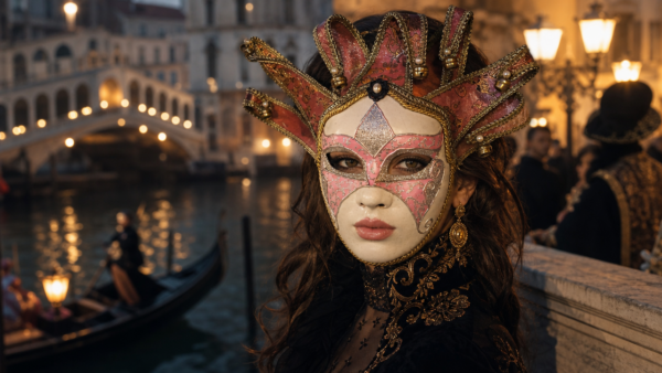 venezia_maschera_1 Máscara veneciana original Aurora Dorada en rosa y pan de oro, Carnaval de Venecia