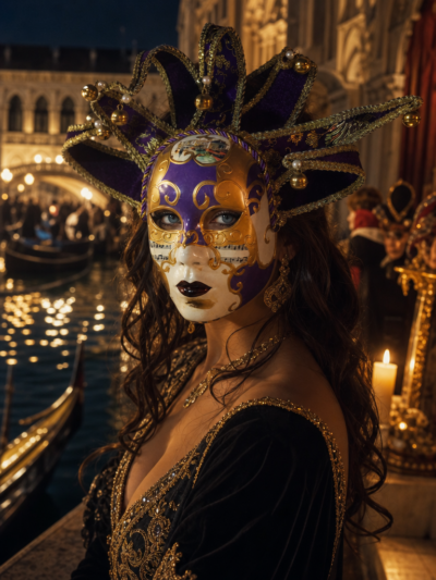 Máscara veneciana original Arlequín de Rialto en azul, morado y oro, Carnaval de Venecia